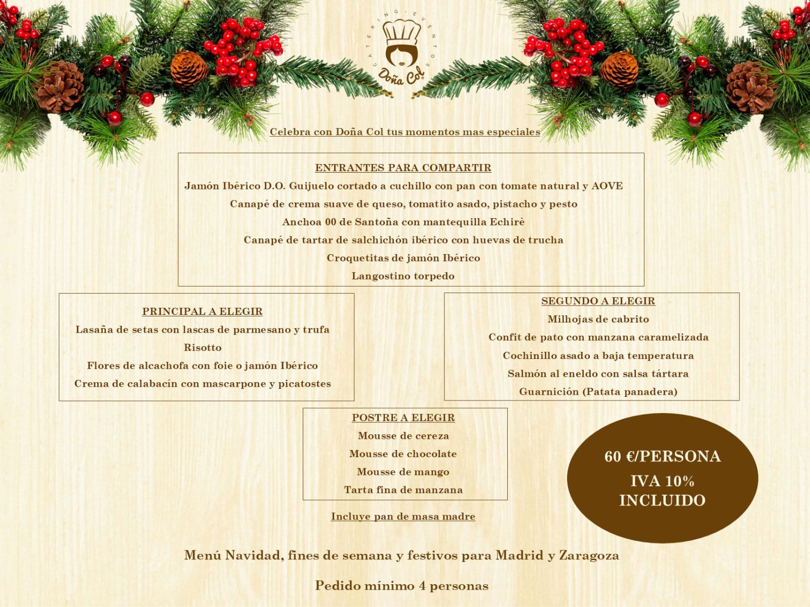 Catering Menú Navidad 2024 para Madrid y Zaragoza. Doña Col Catering.